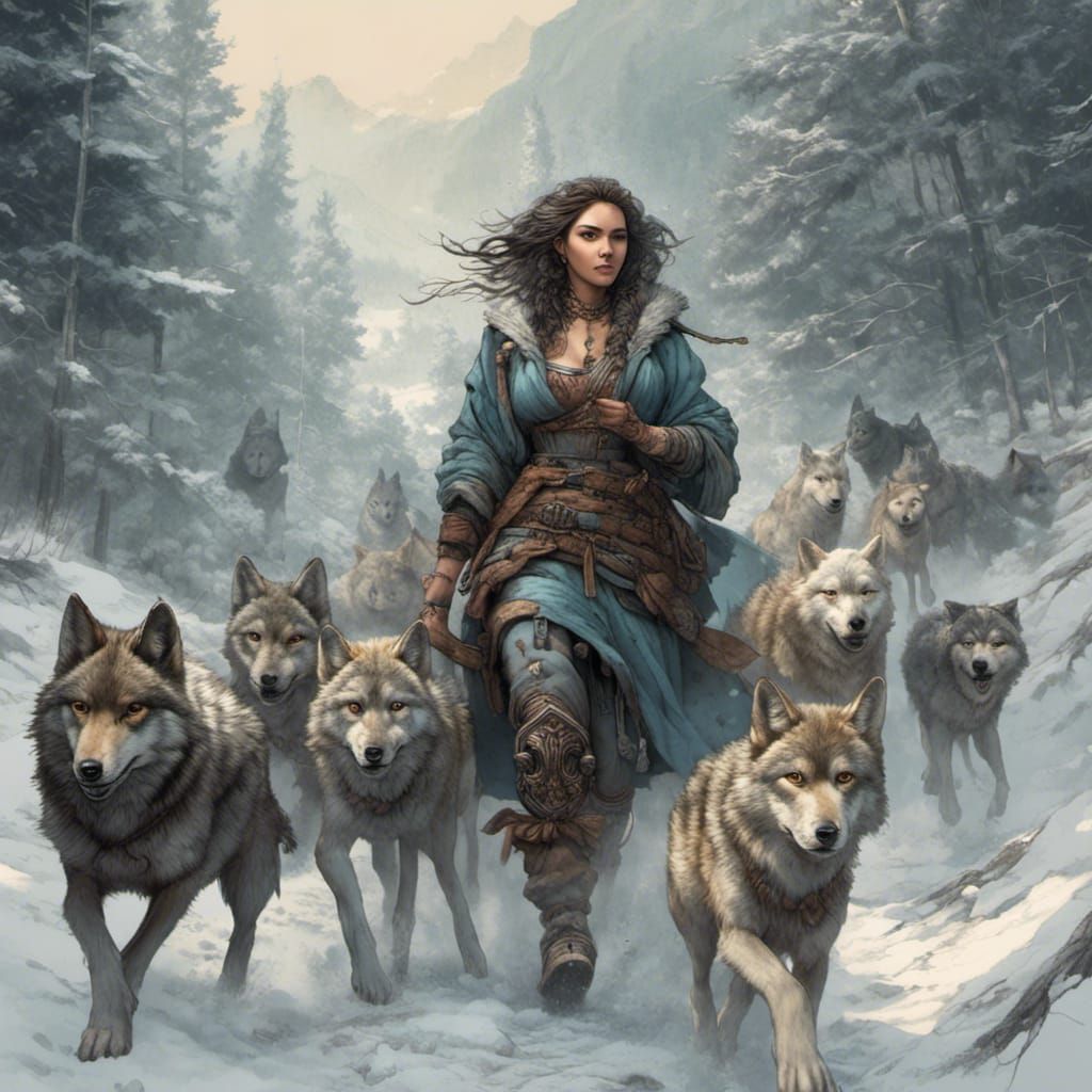 Women Running with Wolves Tattoo in Pastel Sketch