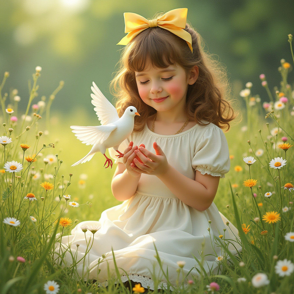 Girl with Dove in Meadow: Warm Realism Art