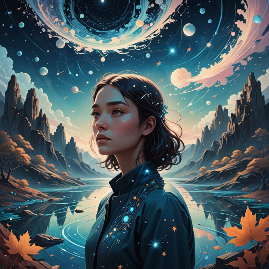 Young Girl Gazes Into Cosmic Dream Vortex