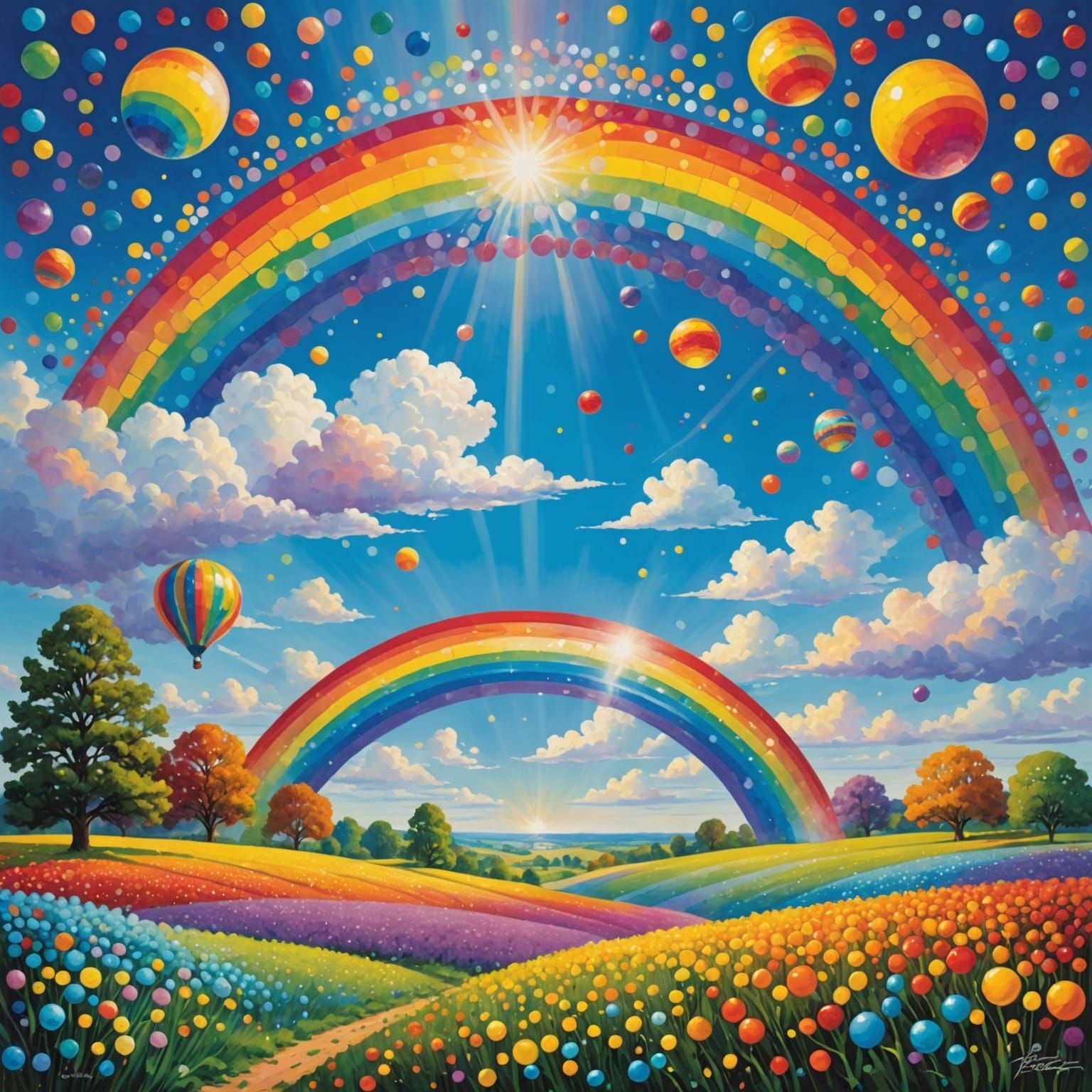 Shimmering Polka Dot Rainbow in Dreamlike Meadow
