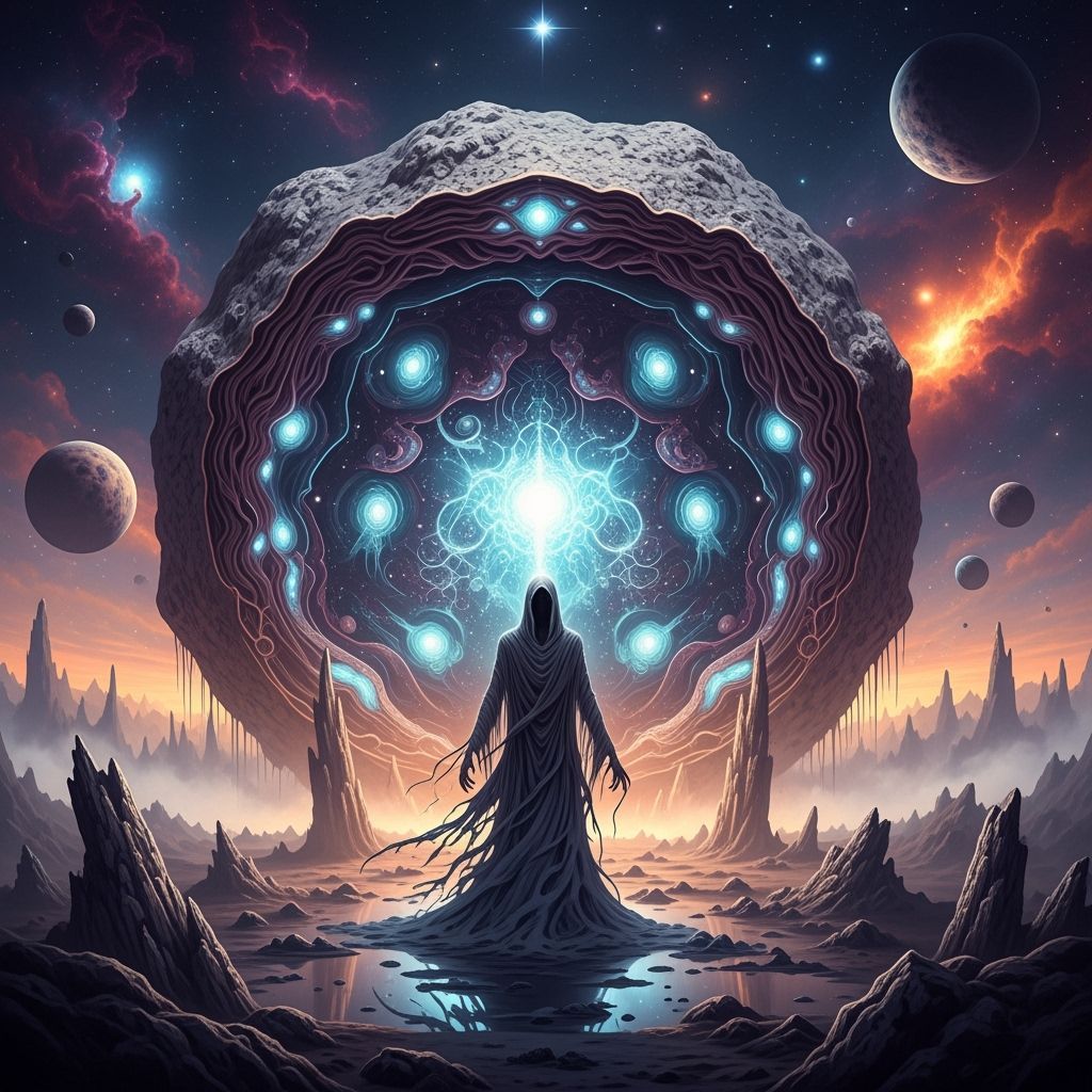 Ethereal Figure Before Bioluminescent Geode as Baroque Art