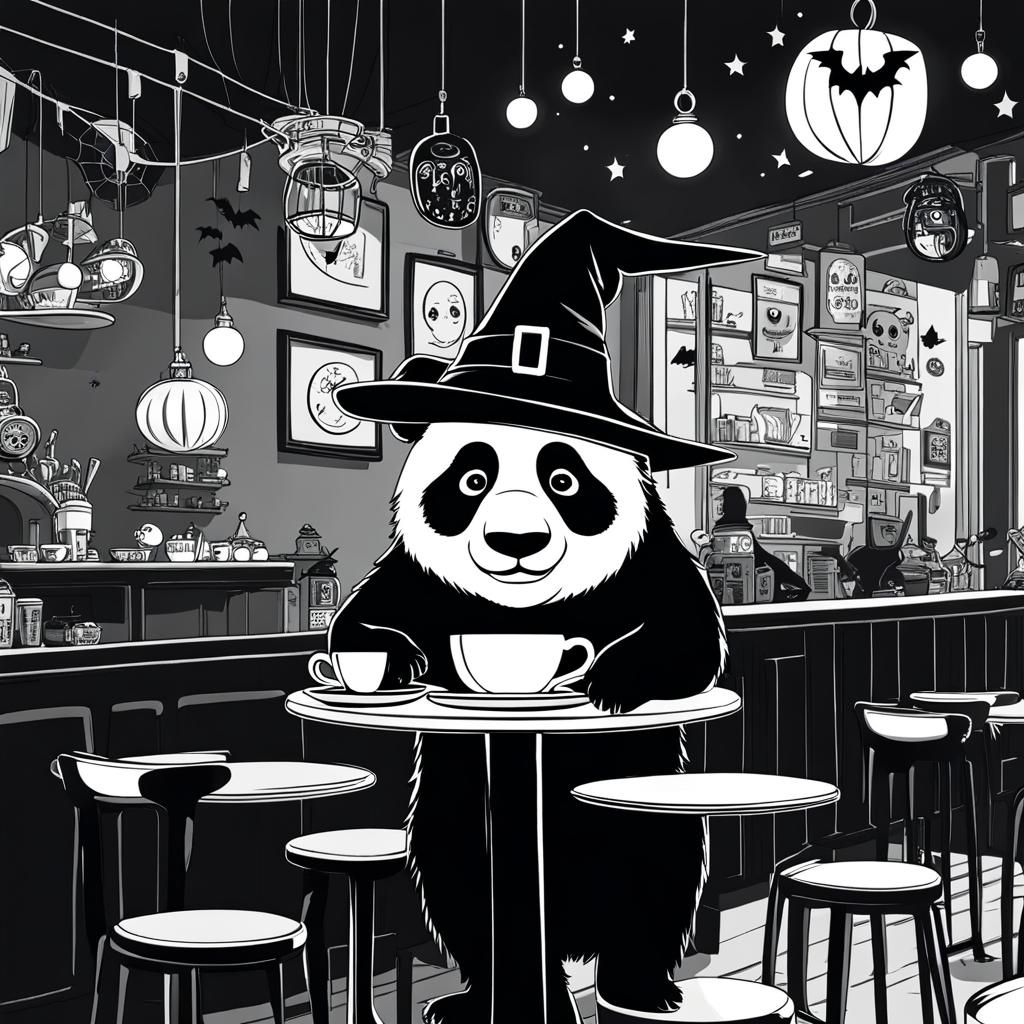 Cartoon Panda in Cafe Celebrates Halloween