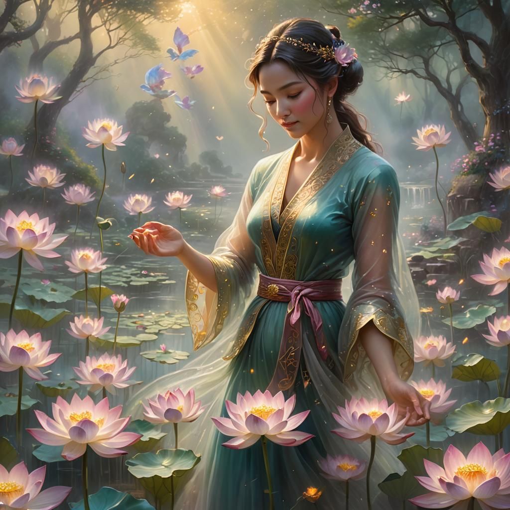 Ethereal Lotus Creation: Fantasy Art in Kinkade Style