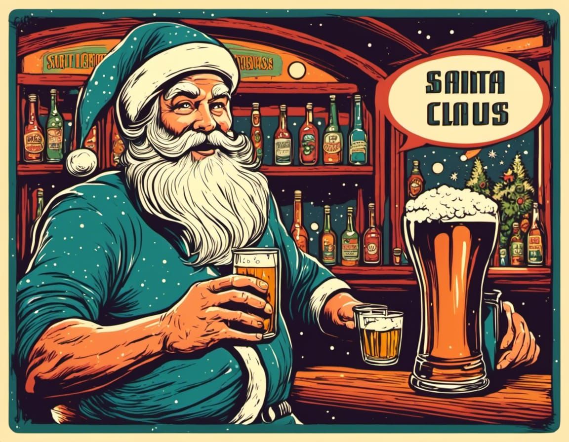 Santa at Bar: Retro Hand-Drawn Illustration
