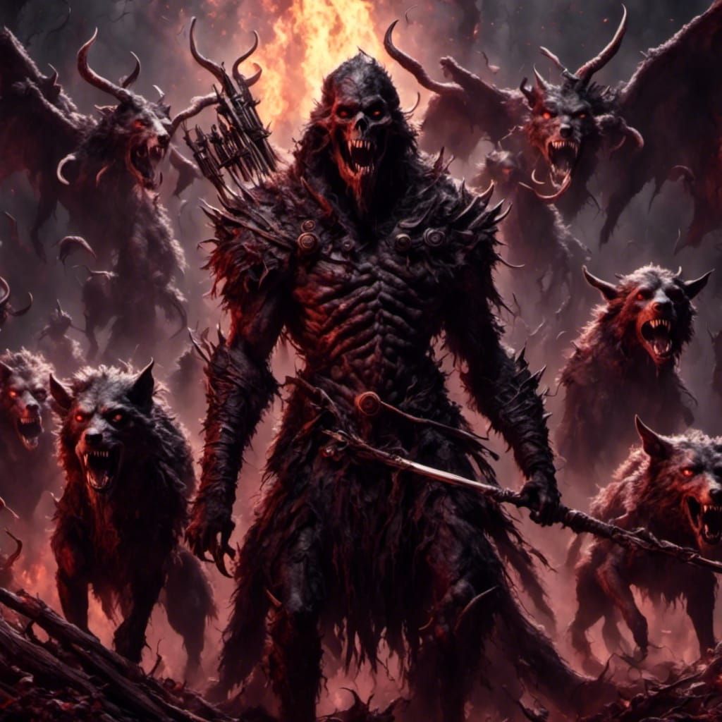 Demon Hunter Battling Hell Hounds in Dark Fantasy Style