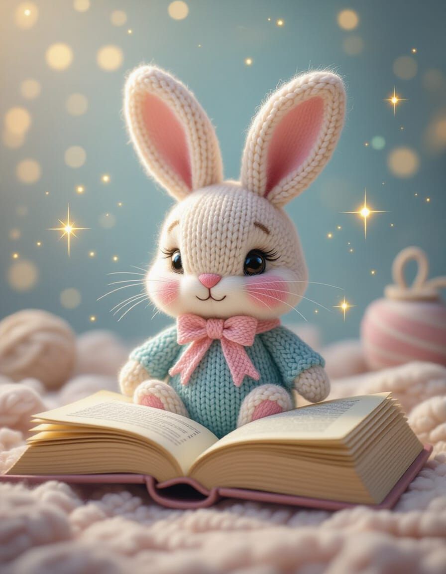Cozy Knitted Bunny in Enchanted Storybook Setting