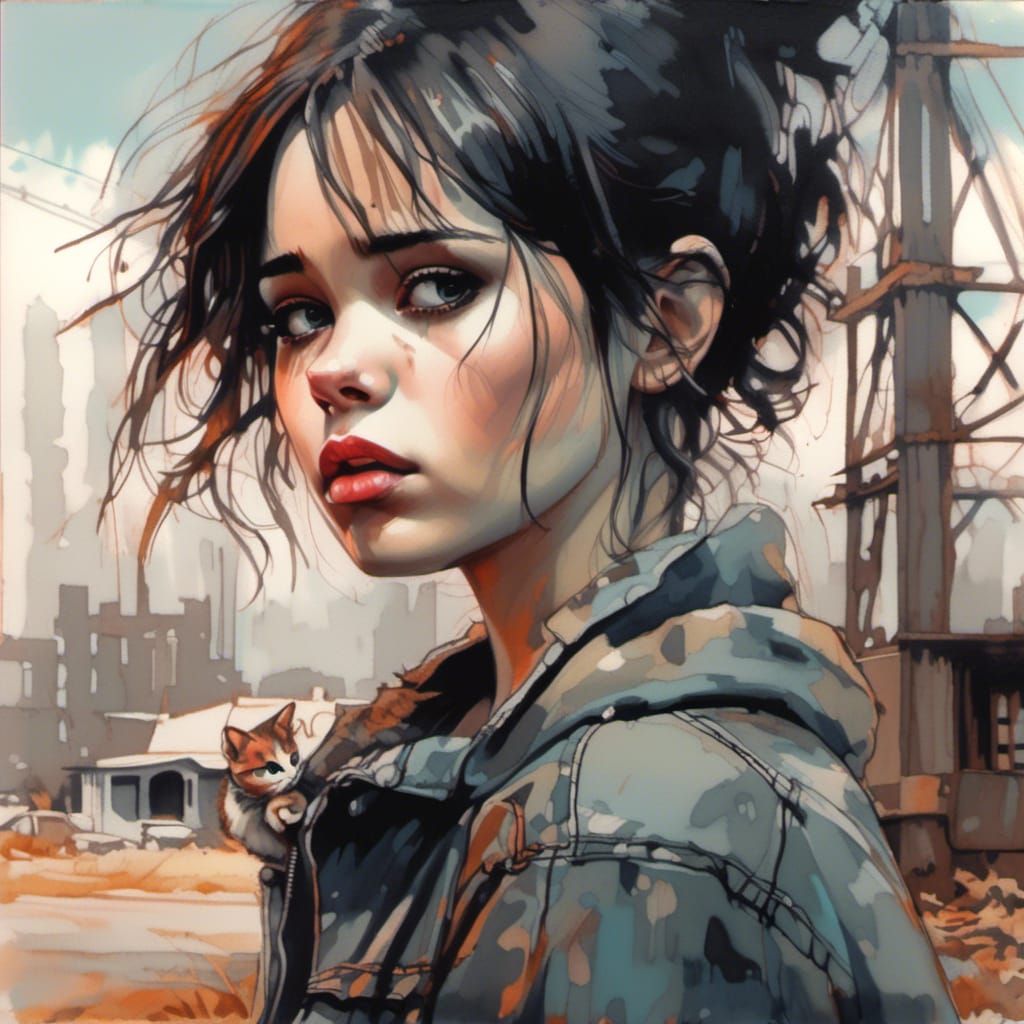 Emotional Girl Finds Kitten: Cartoonish Film Noir Art