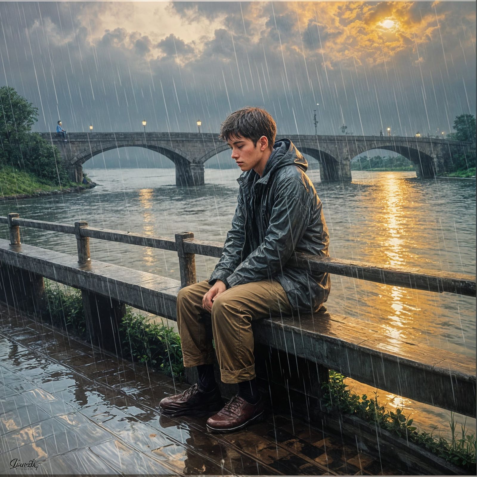 Sad Boy Remembers Someone on Rainy Evening Bridge