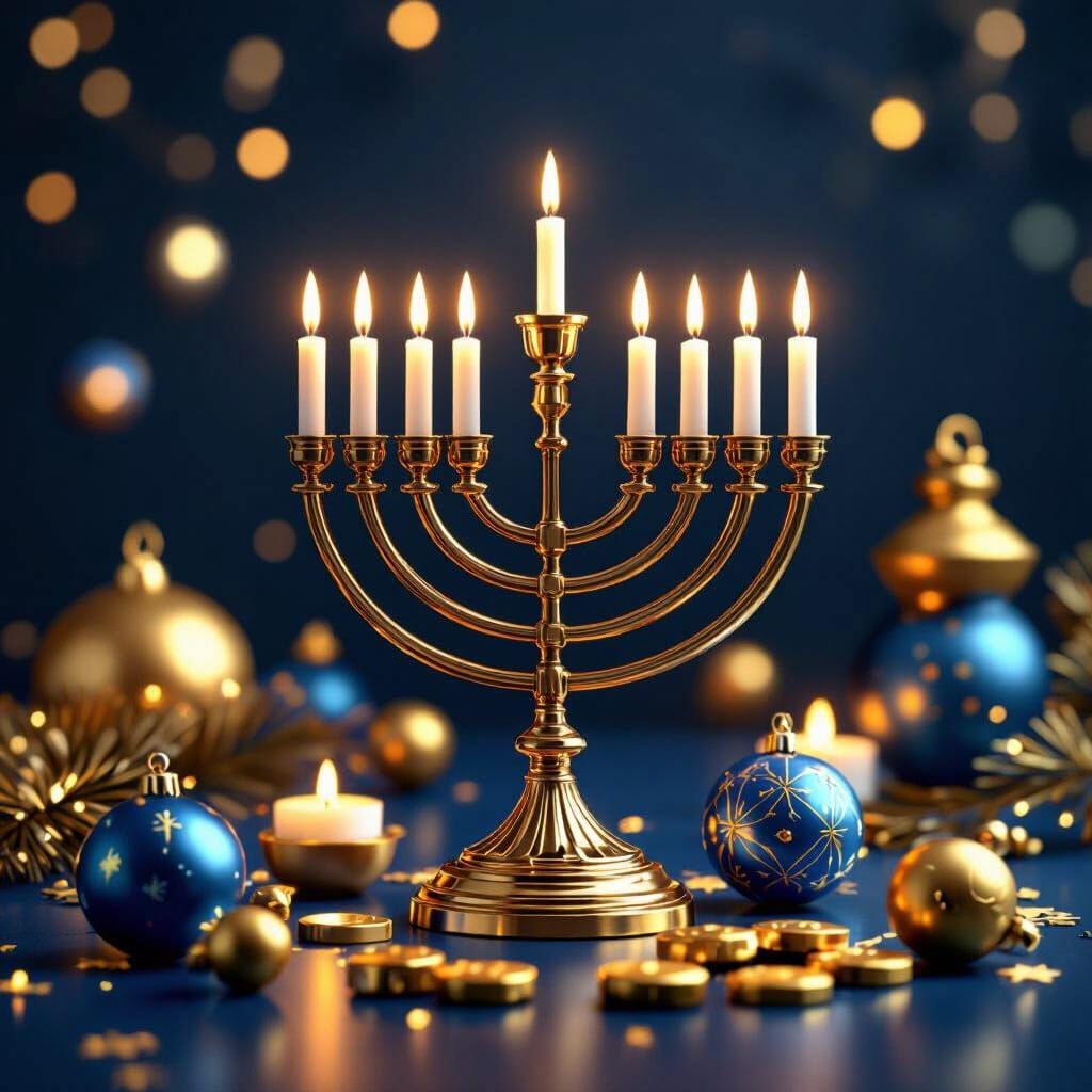 Elegant Hanukkah 3D Renders with Menorahs and Dreidels