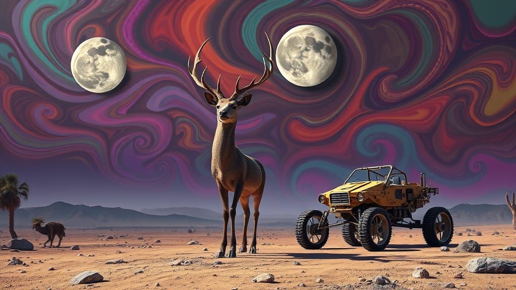 A mystical deer stands on a desolate, alien planet