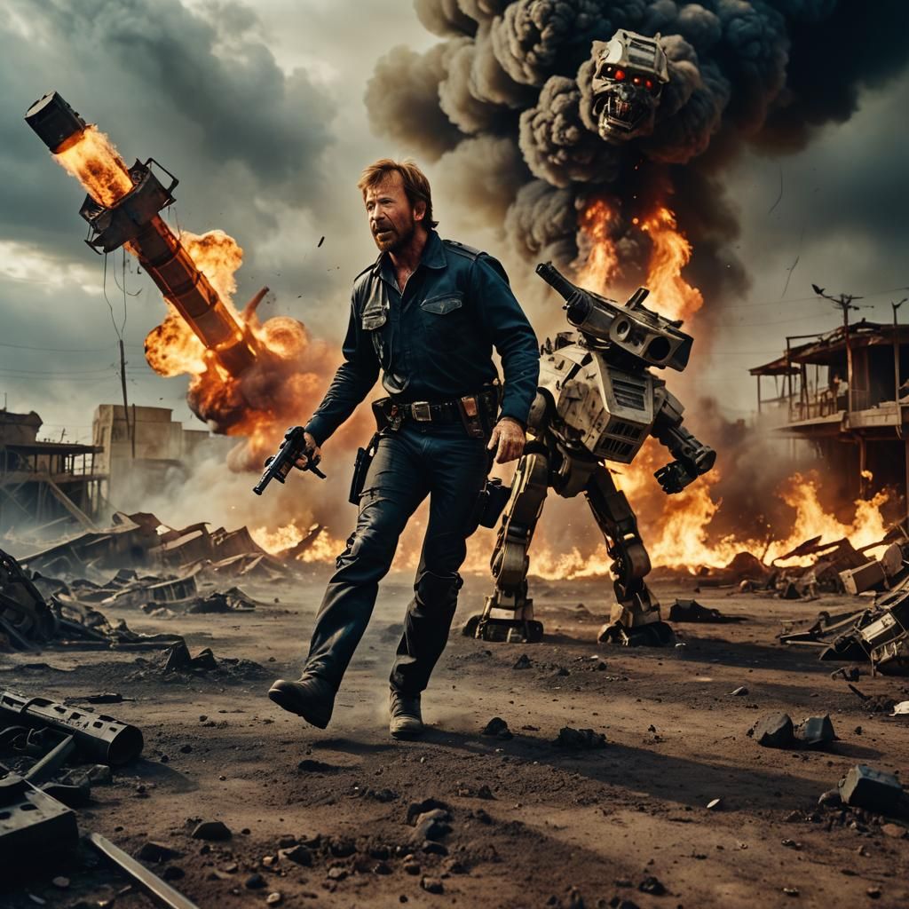 Chuck Norris Kicks Robot in Wasteland, Cinematic