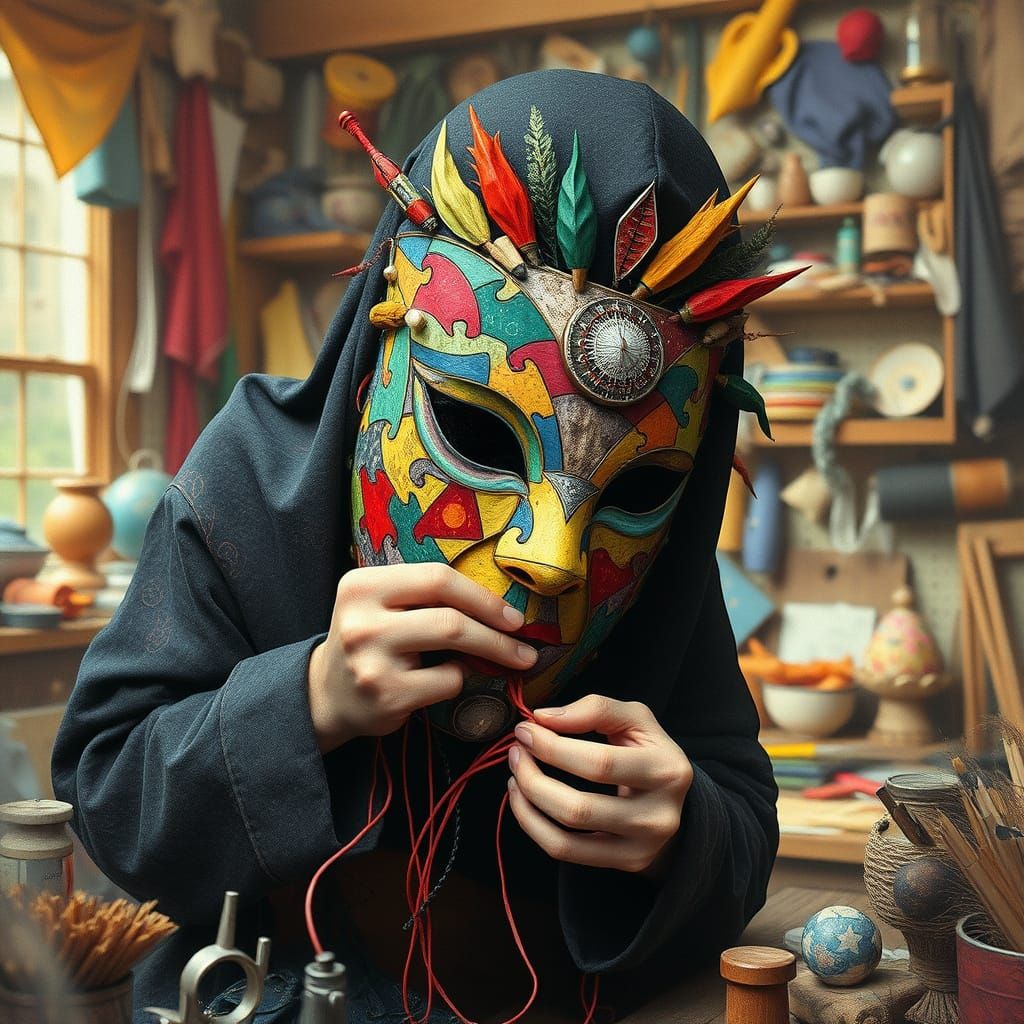 Mystical Puzzle Mask Unfolds in Whimsical Workshop