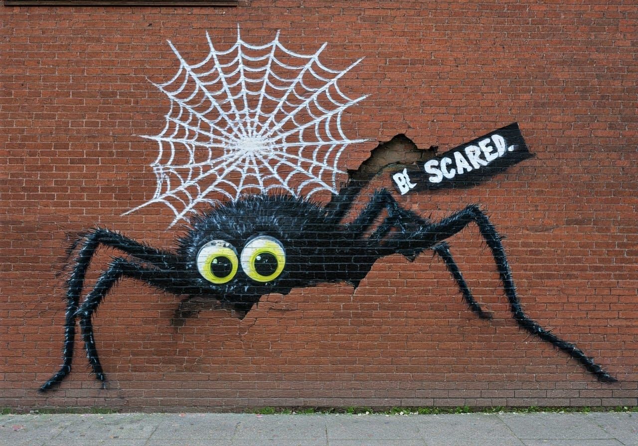 Street Art Spider with Web on Brick Wall