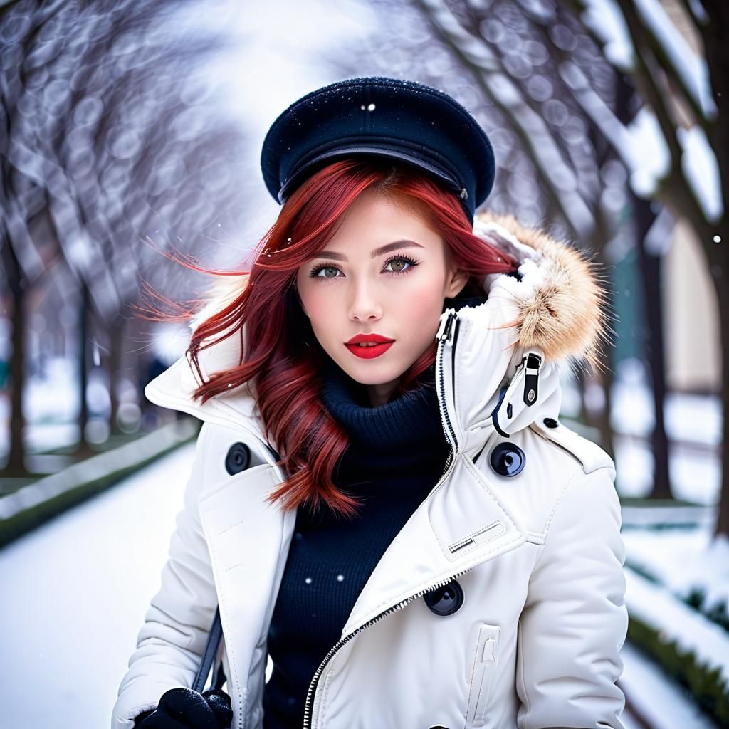 Beautiful Japanese Woman in Winter Palace Snowscape