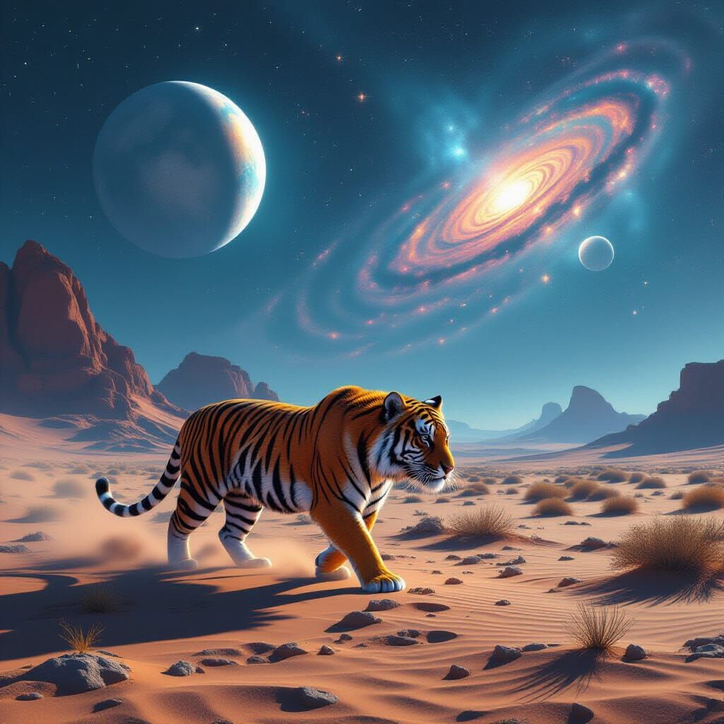 Cosmic Tiger Prowls Alien Desert Under Nebula Sky