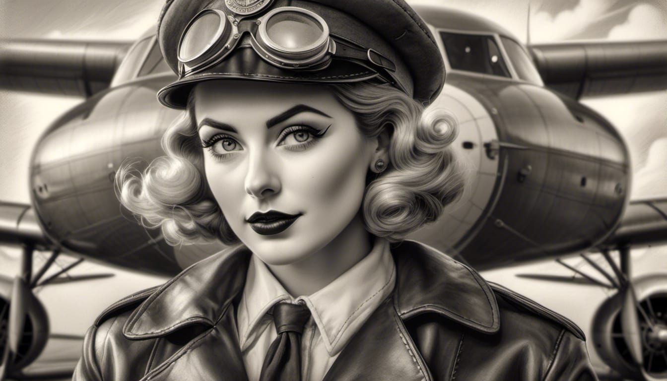 Elegant Charcoal Portrait of a Vintage Female Pilot