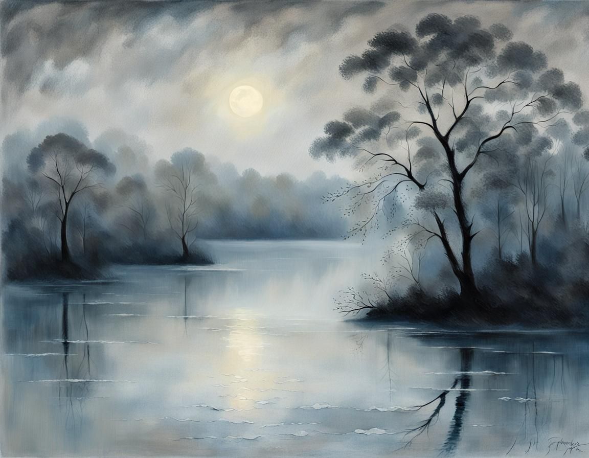 Romantic Lake Impressionist Landscape in Moonlight