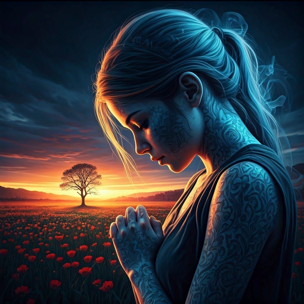 Girl in Prayer with Smoky Landscape: Digital Art