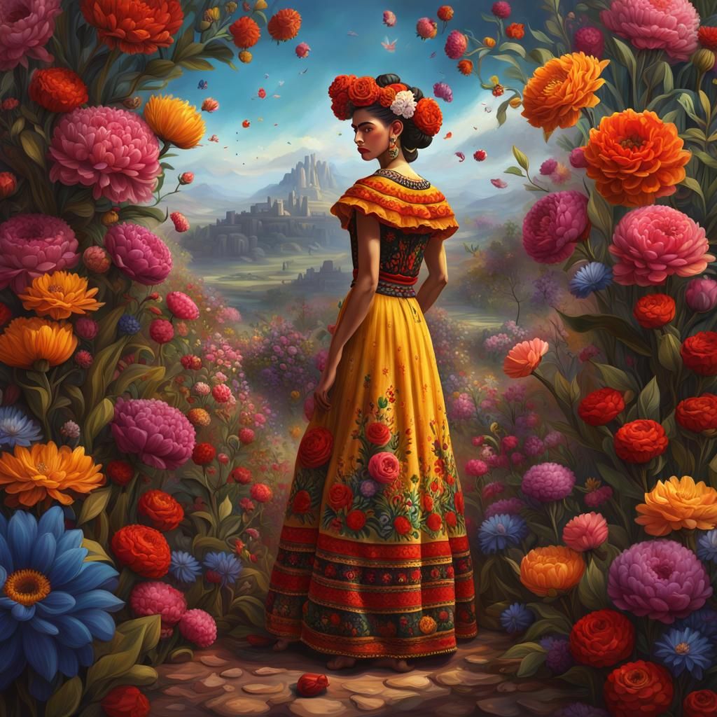 Frida Kahlo Painting Flowers: Detailed Matte Art