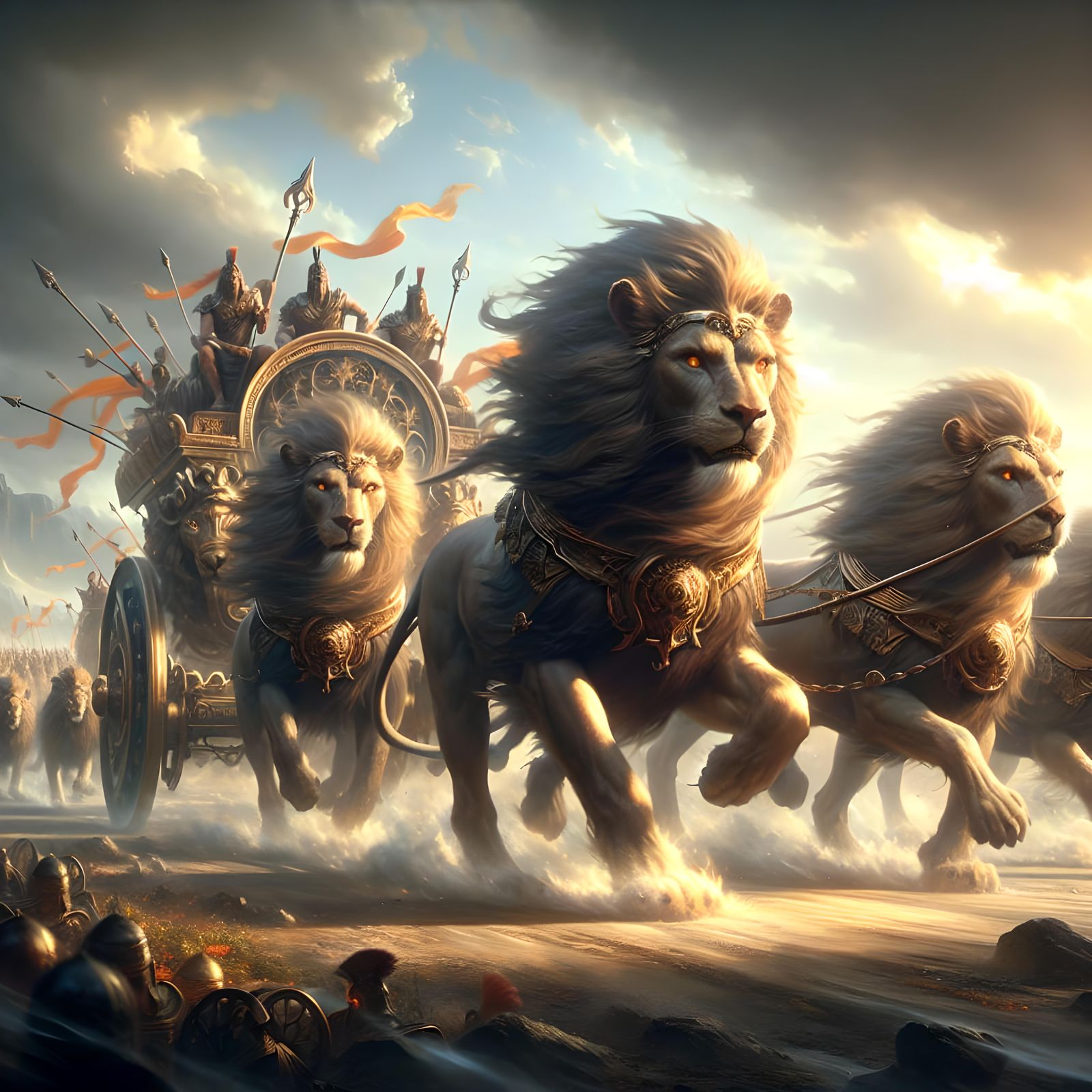 Lions Pulling War Chariot in Epic Battle Scene