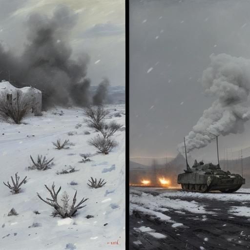 Tanks in Snow: Naive Expressionist Scene