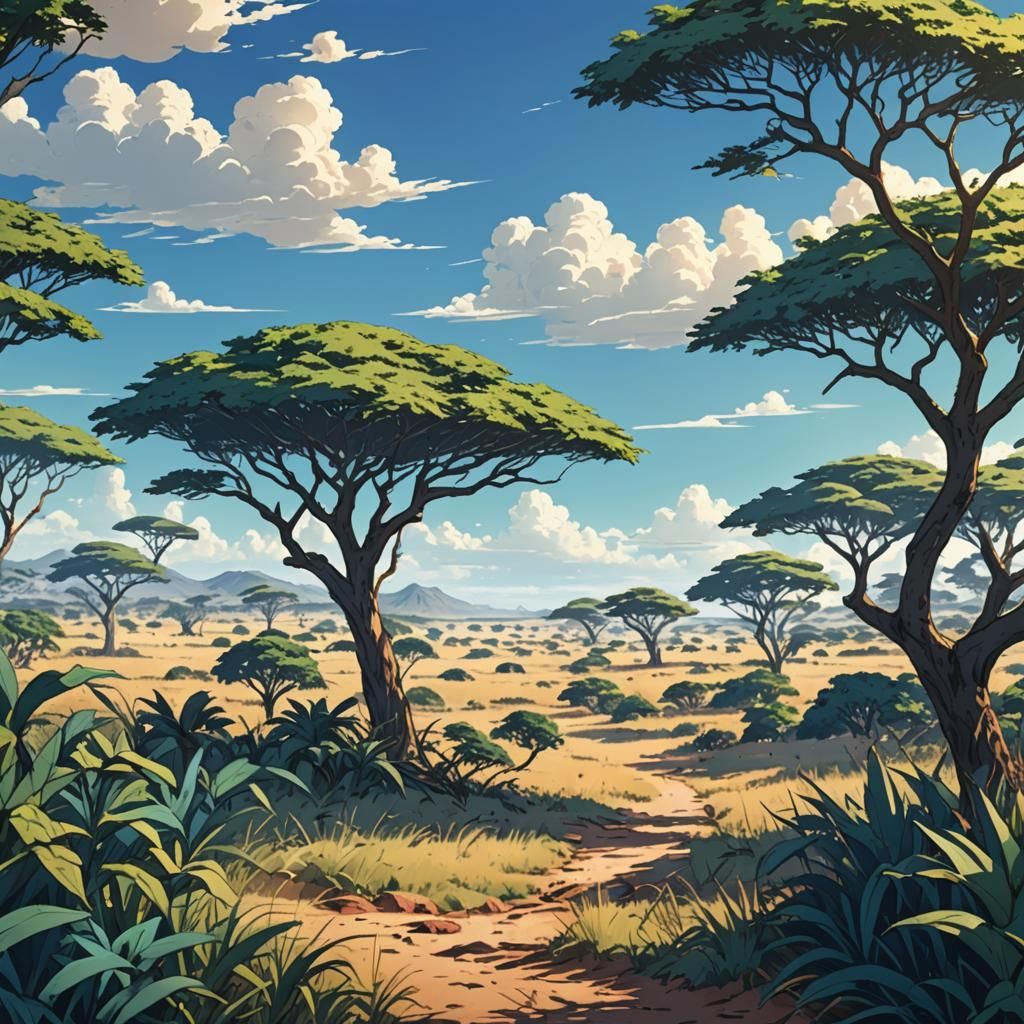 African Savanna in Anime Style with Blue Sky