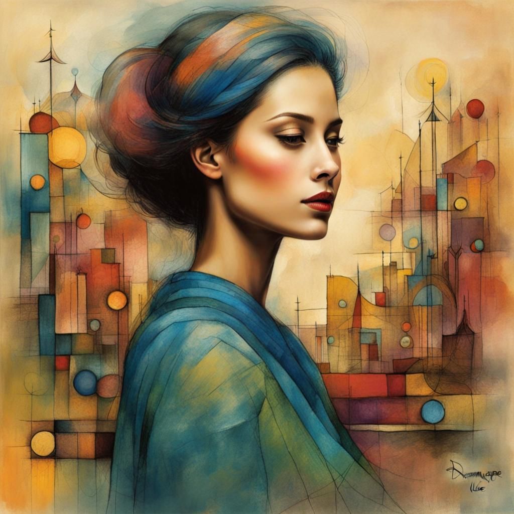 Crosshatched Portrait of Woman in Maximalist Mixed Media