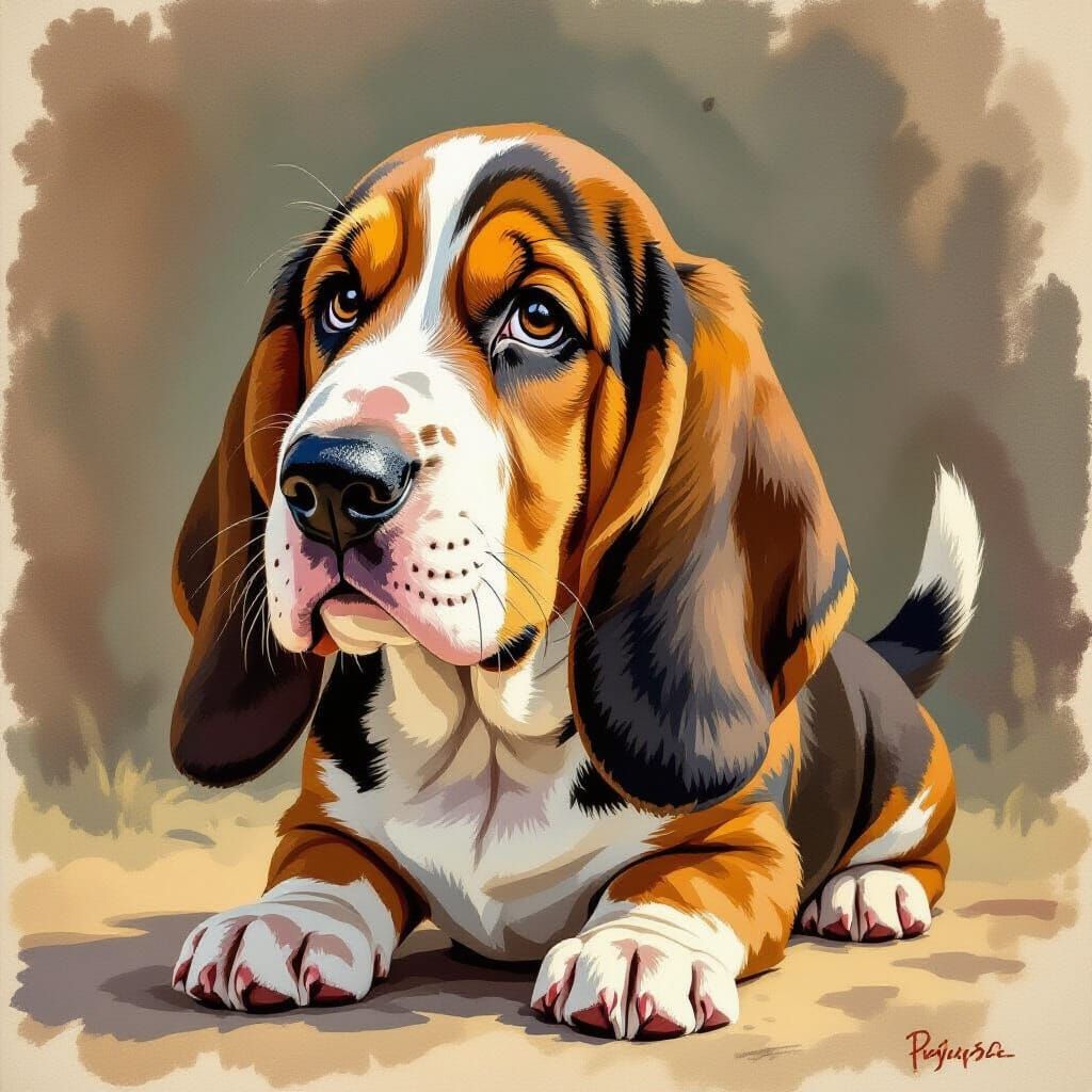 Sad Bassett Hound with Child in Gouache Painting Style