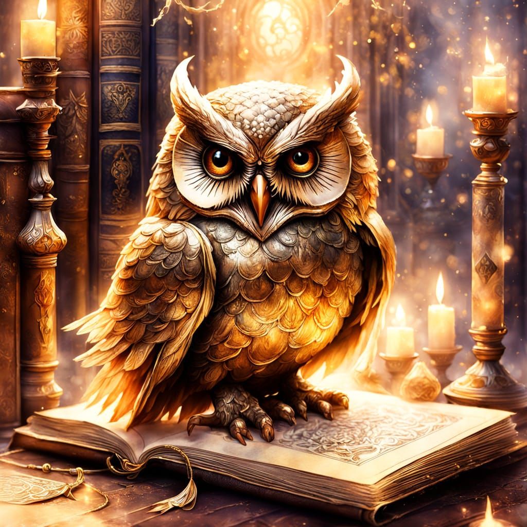 Whimsical Golden Owl in Ancient Library