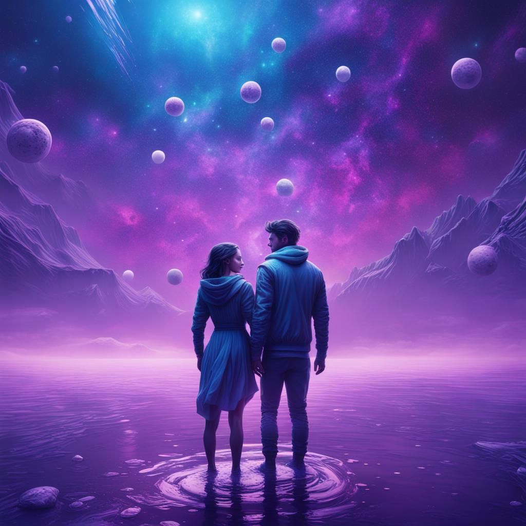 Futuristic Lovers Floating Among Stars in Digital Art
