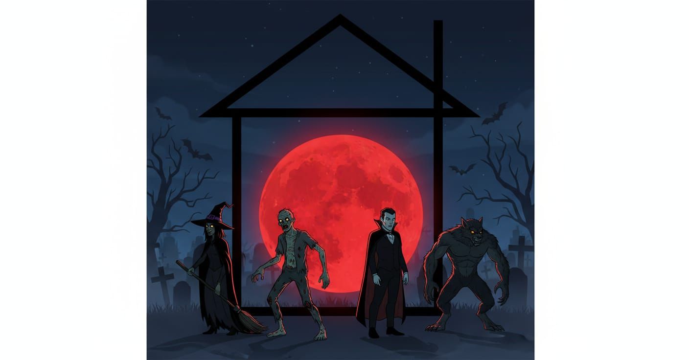 Spooky Halloween House Scene with Monsters and Red Moon
