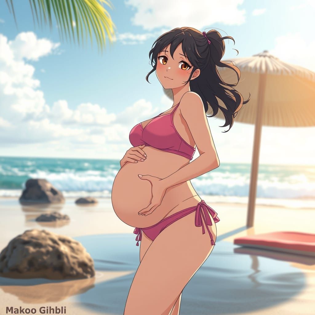 Anime Woman with Pregnancy Belly on Beach