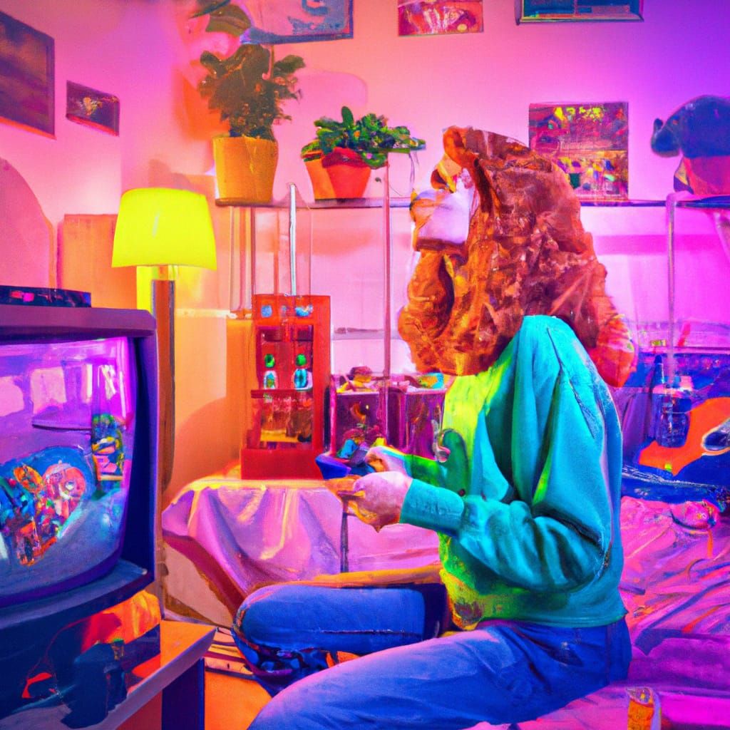Redhead Gamer Girl in Retrowave 80s Bedroom
