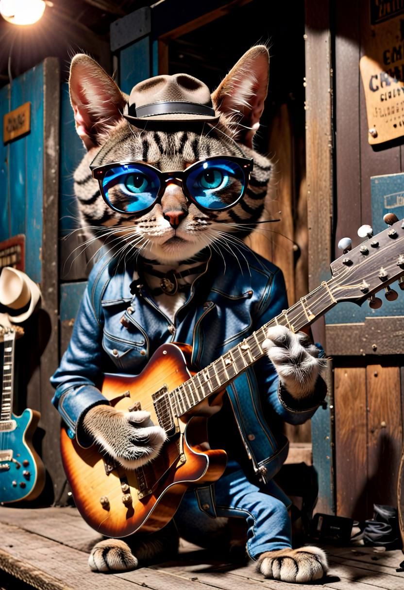 Tabby Cat Playing Blues Guitar in Juke Joint