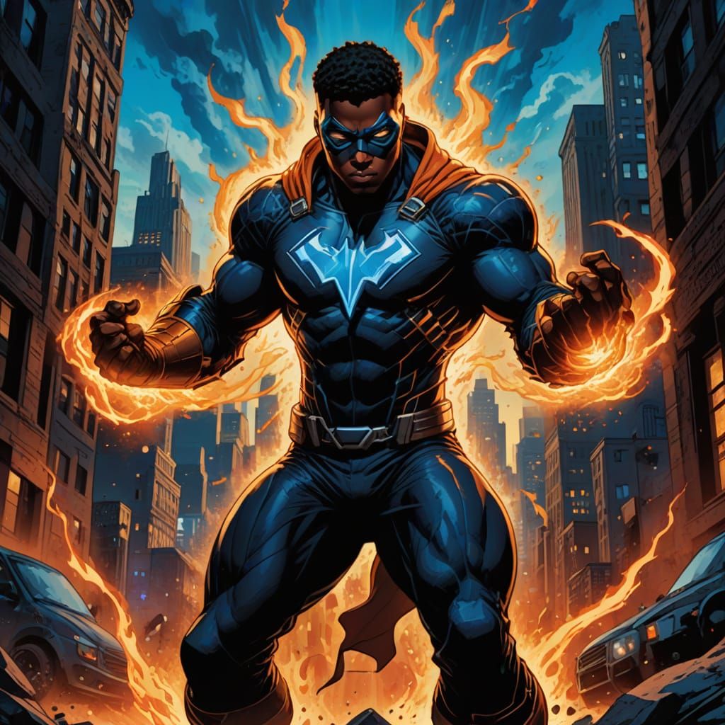 Heroic Teenage Fire Warrior Stands Tall in Sunset City