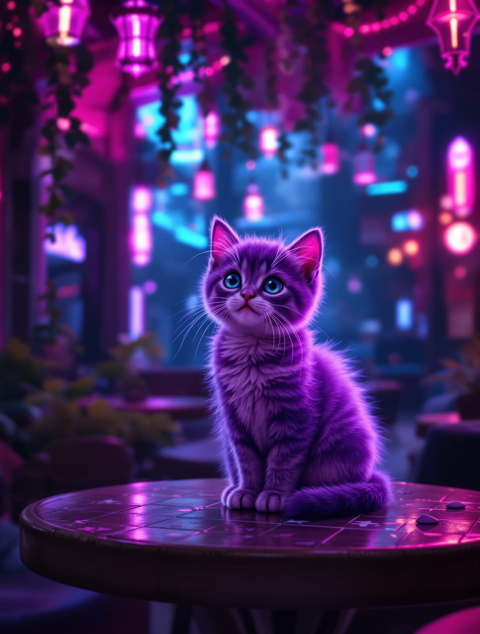 Whimsical Kitten in a Magical Neon Cafe