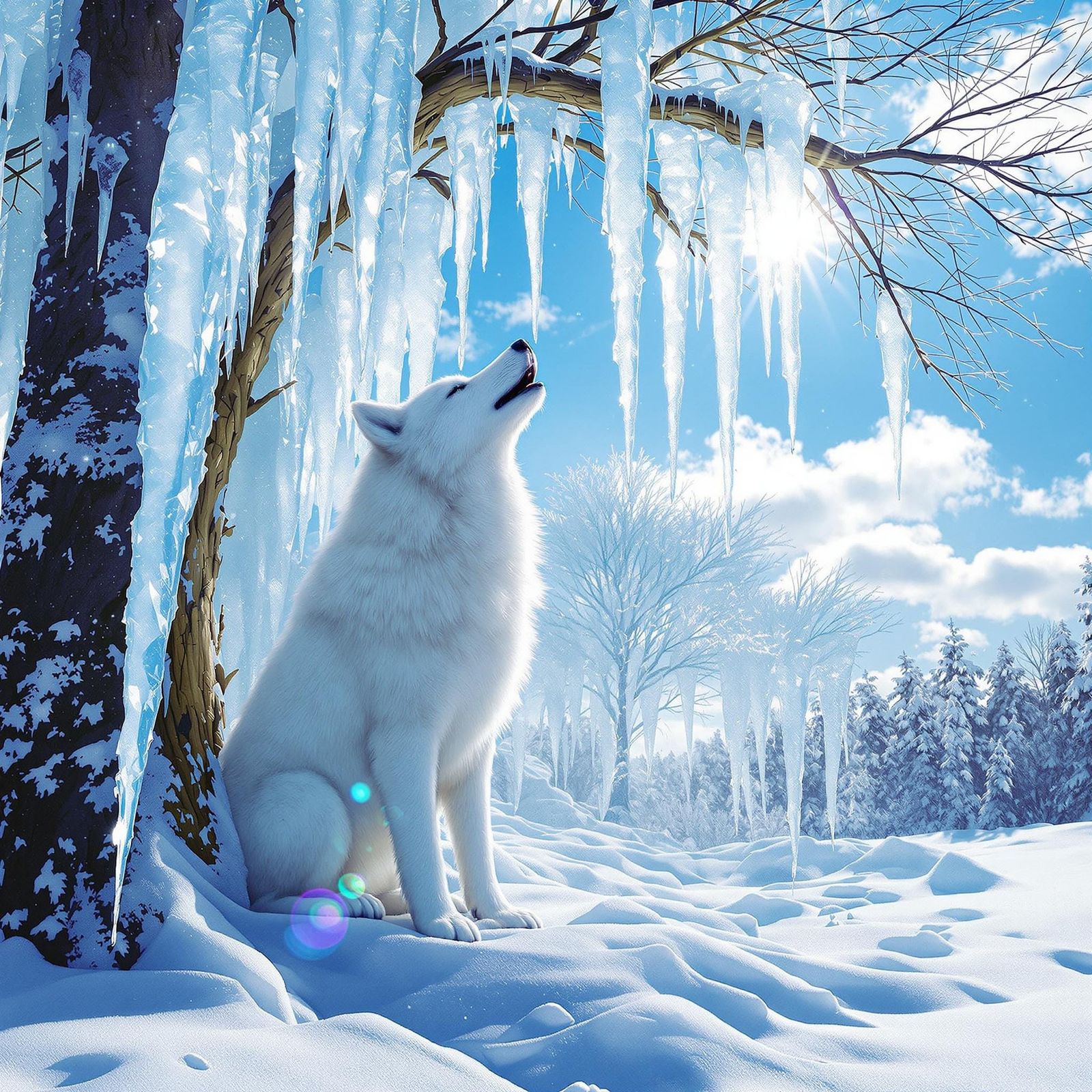 Wolf Howling Under Icicles in Cosmic Illustration