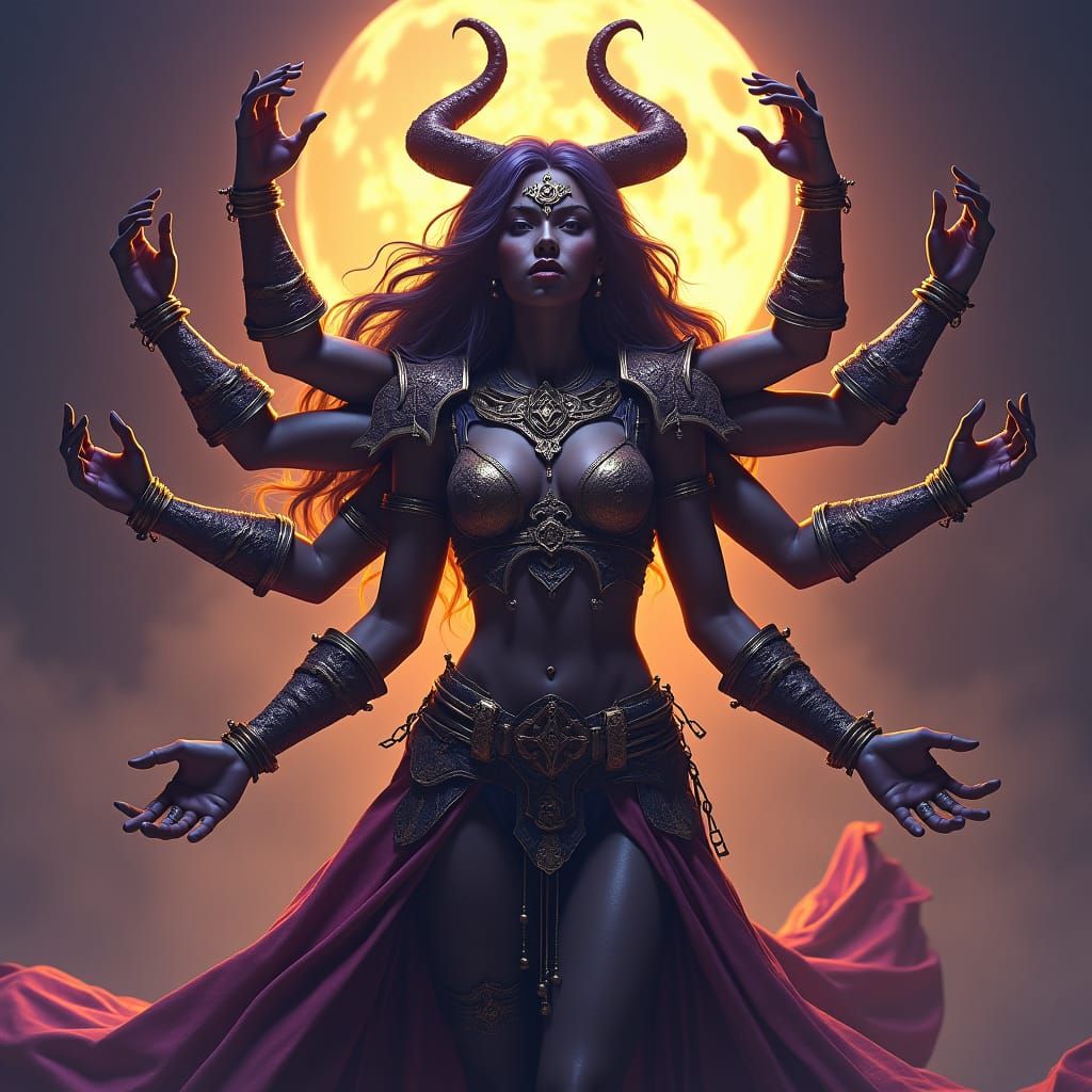 Six-Armed Warrior in Dark Fantasy Style