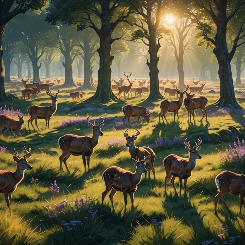 Deer Grazing in Meadow: Fantasy Concept Art