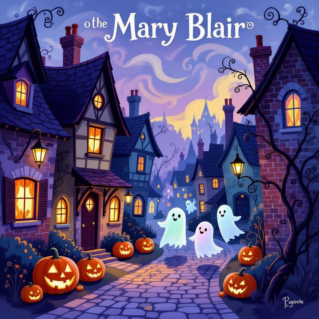Whimsical Haunted Street Scene at Dusk in Mary Blair Style
