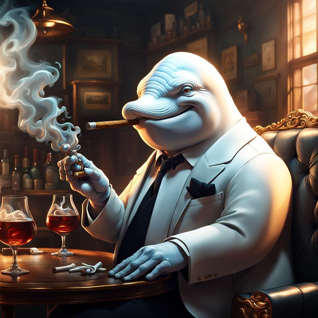 Beluga Whale Mafia Boss in Smoky Pub: Digital Art
