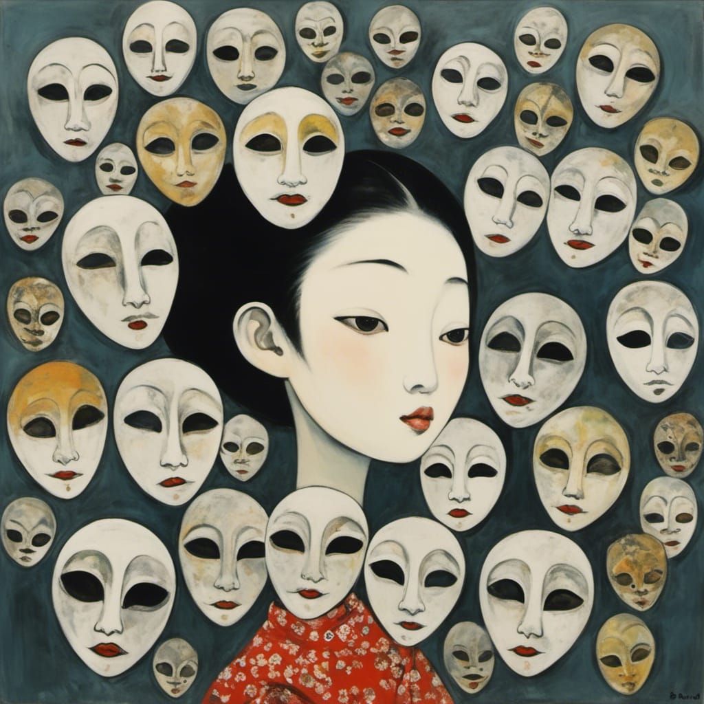 Japanese Woman with Traditional Masks