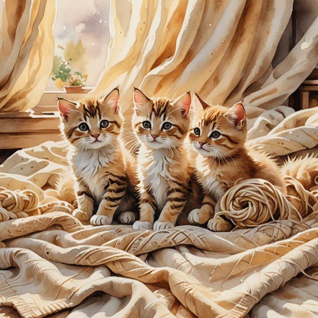 Impressionistic Watercolor Kittens Playing with Yarn