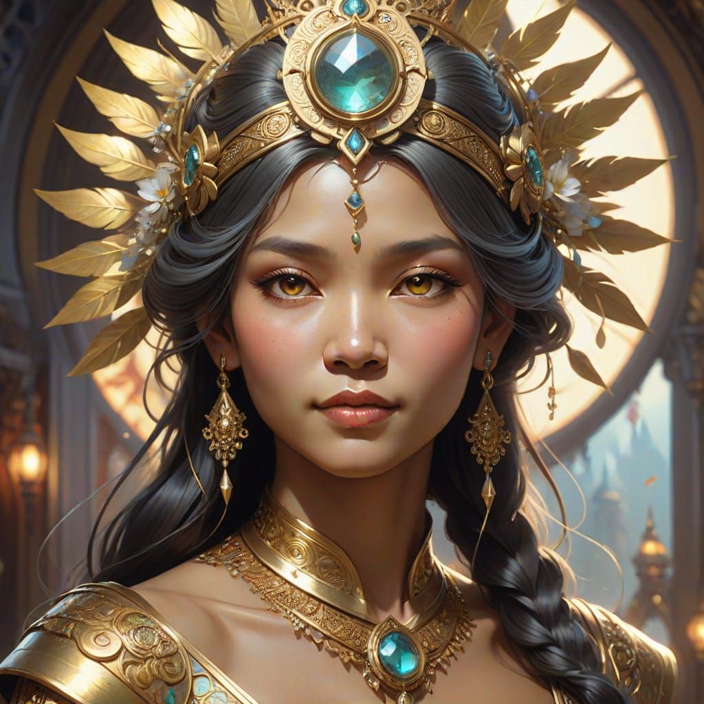 Thai Goddess with Golden Headdress and Vibrant Aura