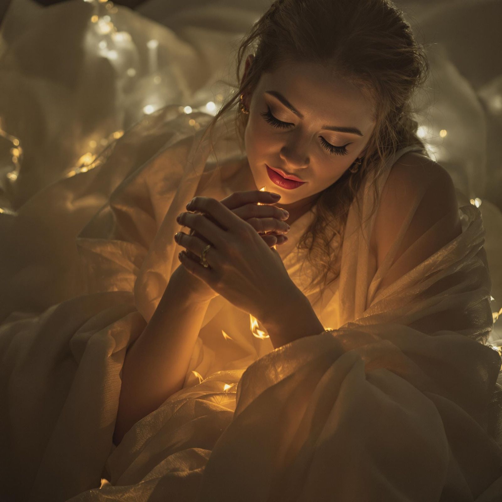 Serene Woman with Flame in Ethereal Light