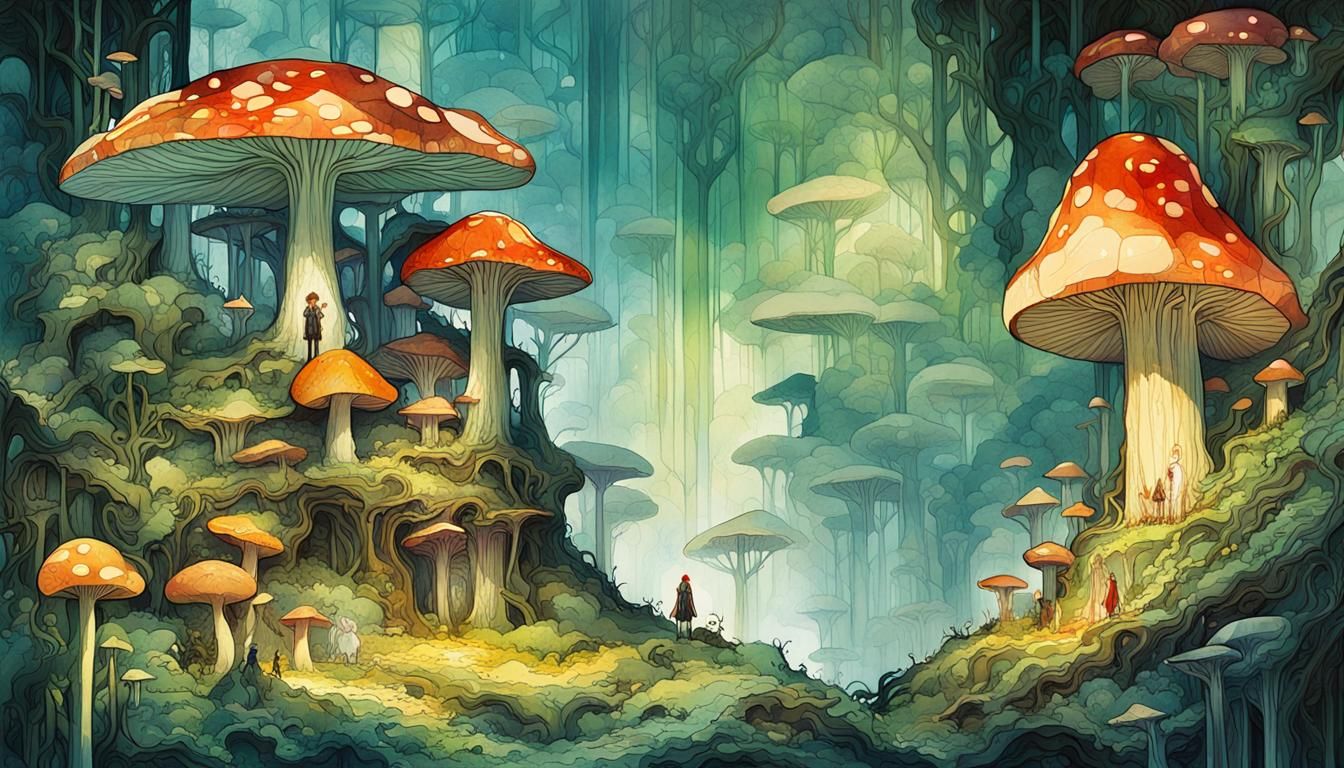 Luminous Mushroom Civilization in Digital Watercolor Style