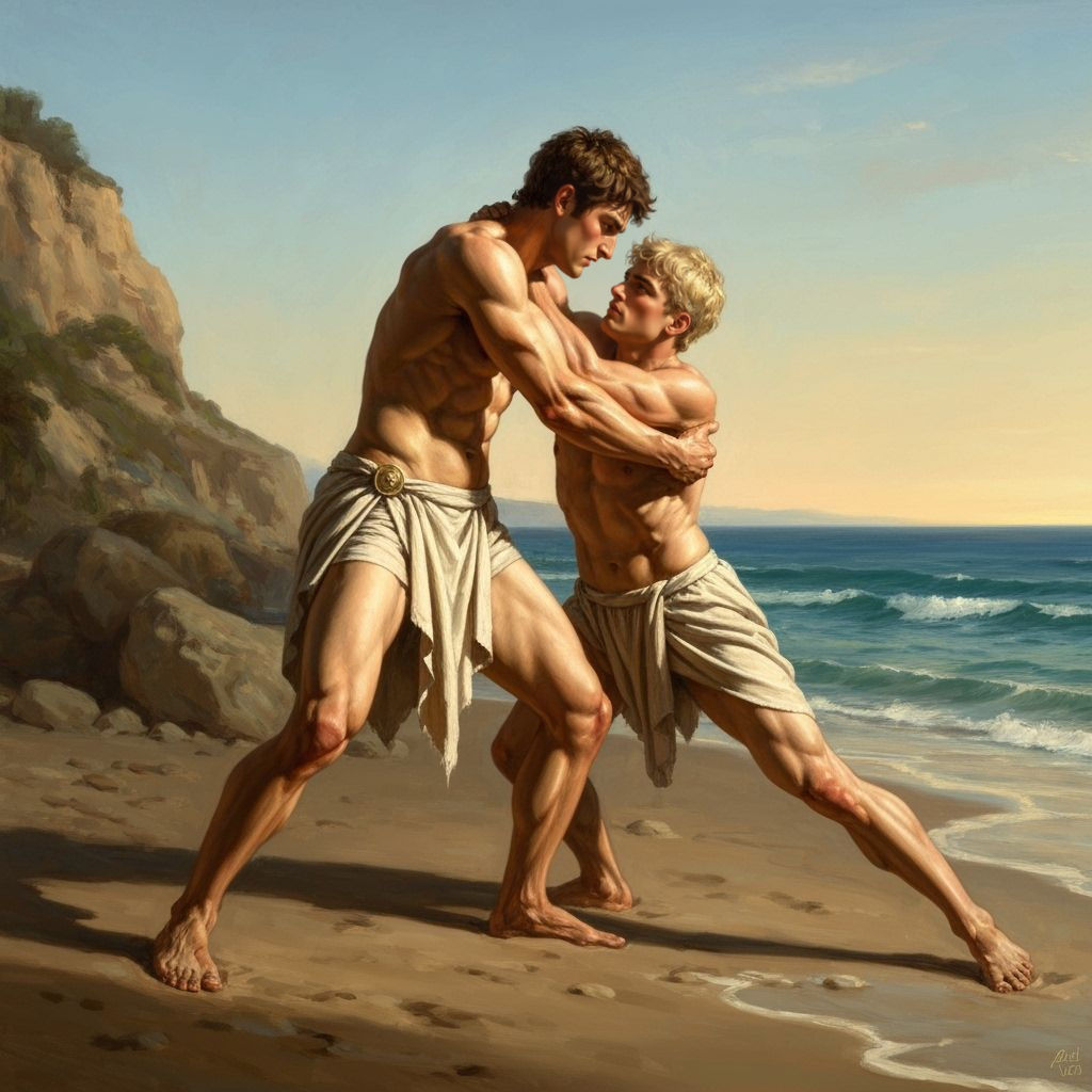 Theseus and Pirithous Wrestle on Mediterranean Beach