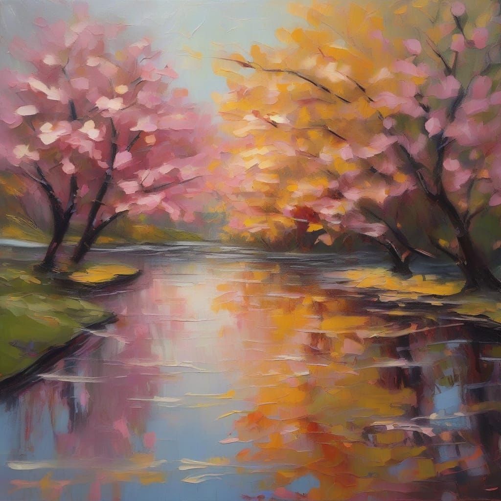 Expressionist Cherry Trees in Bloom with Neon Accents