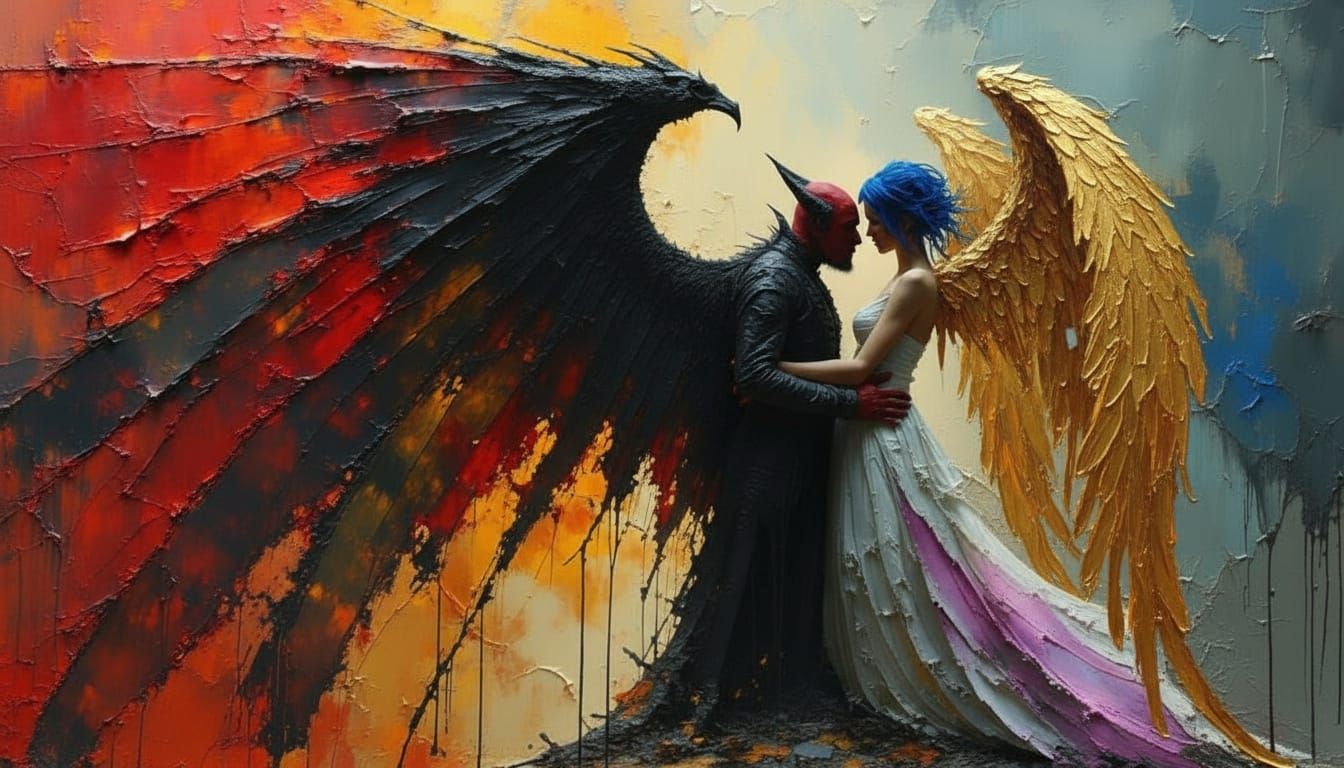 Tiefling and Angel Embrace in Dark Oil Paint Style