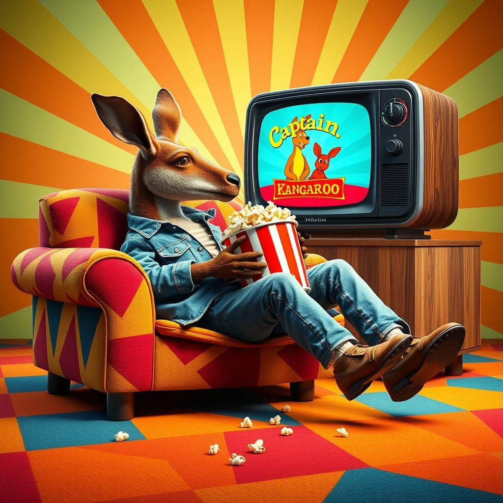 Casual Kangaroo Watching TV in Retro-Style Living Room